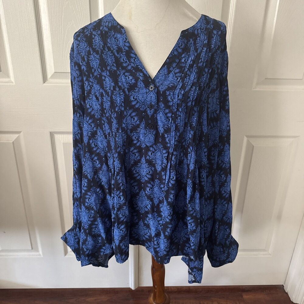 Terra & Sky Womens Plus Size 3X Blue Floral Tunic Long Sleeve Asymmetrical Hem